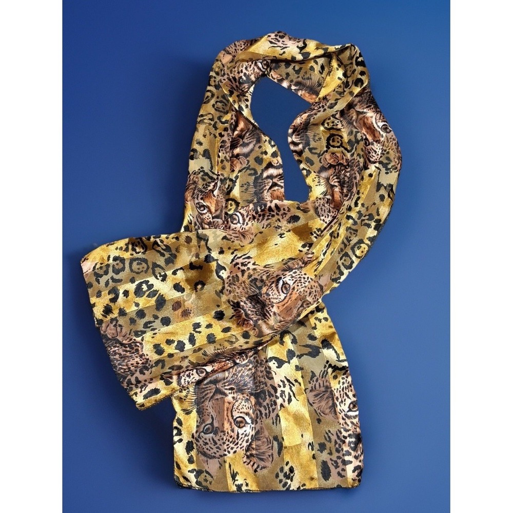 Vintage Unbranded Leopard Cheetah Animal Print Striped Sheer Satin Scarf Gold